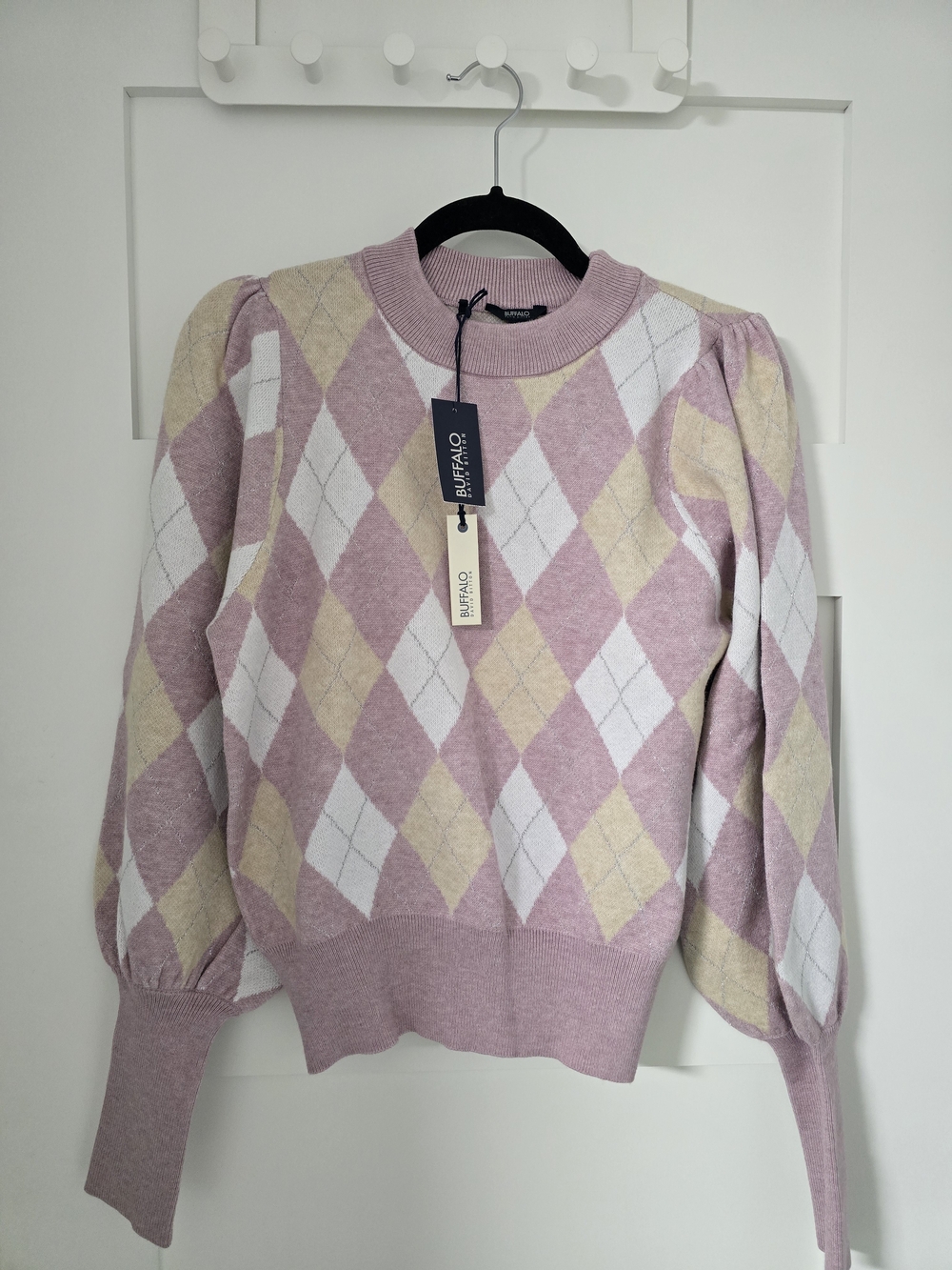 Buffalo David Bitton Pastel Pink Argyle Puff-Sleeve Sweater